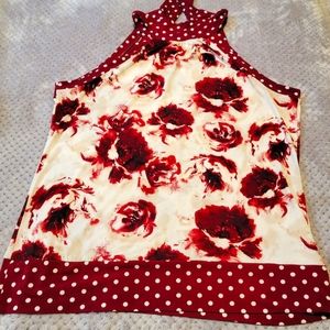 WHBM  sleeveless top, burgandy, tan and white floral print.  XL